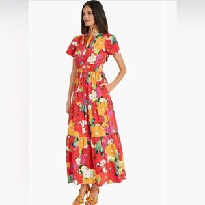 Maggy London Cotton Poplin Tiered Maxi Wedding Easter Spring pockets side zipper